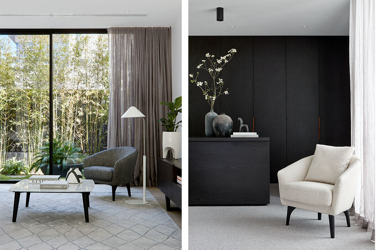 Two side-by-side images showcase the King Boulevard Armchair, styled for reading and relaxation in monochromatic, contemporary living spaces.