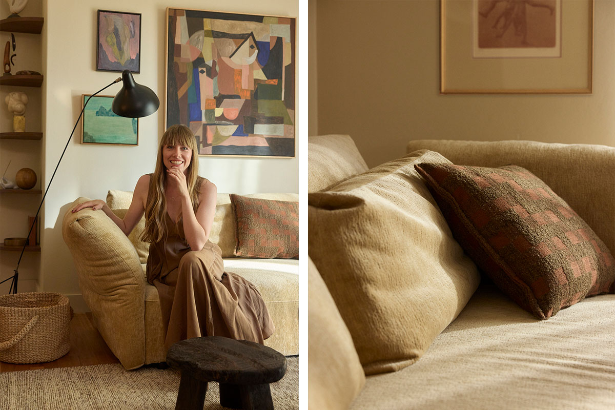 Tonal living room styling ideas for a small apartment, layered with warm, earthy cushions and a modular sofa.