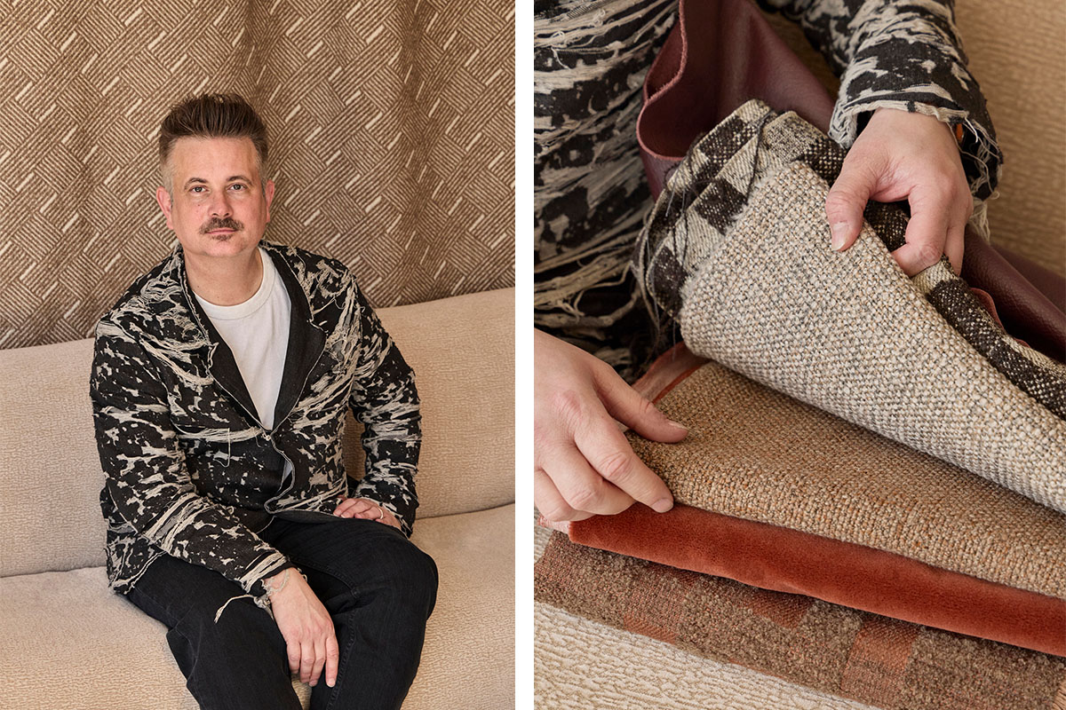 Sebastian Nash seated on 1977 Sofa, with textured fabric samples and leather swatches.