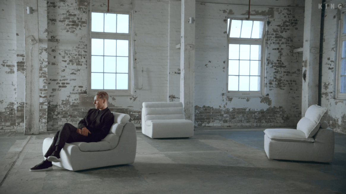 Images of sofa prototypes and sketches (above) Photoshoot of a modular King FreeForm sofa. (below)