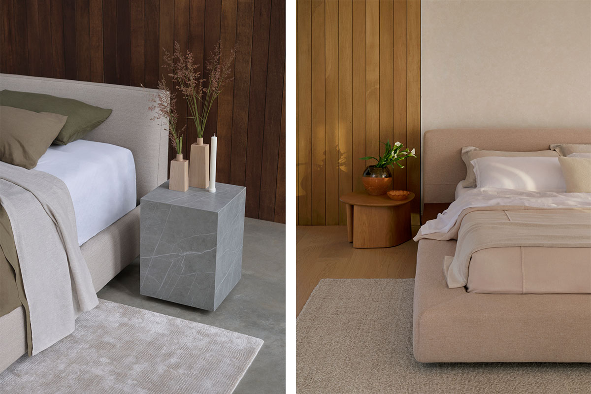 Fabric bed, grey stone table, stacked books, vases (left). Blush bed, timber side table, ceramic vessels, greenery (right).