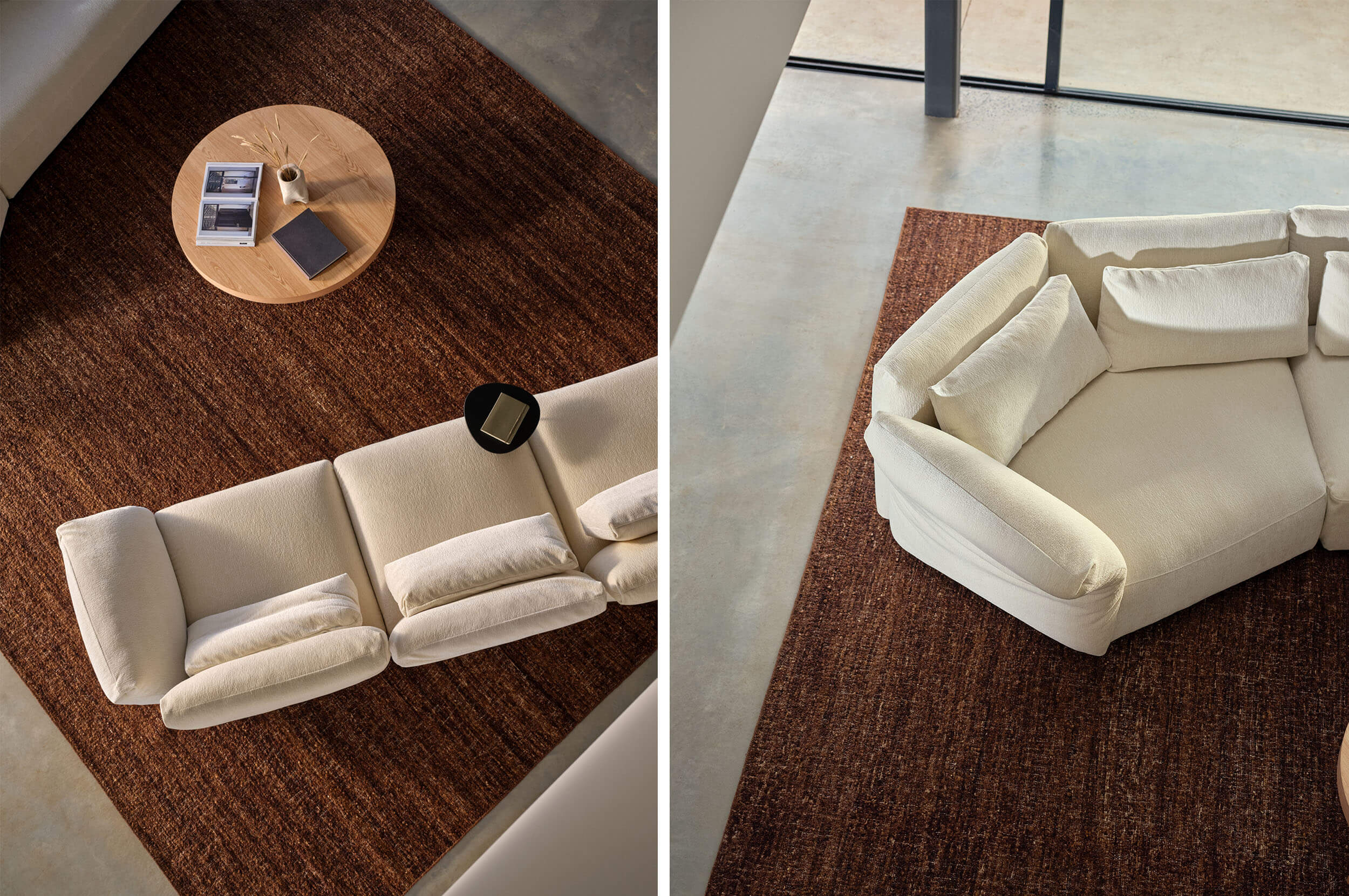 Overhead images of an ivory modular sofa styled on an earthy, deep-toned rug—reconfigured to suit an open, minimalist interior.