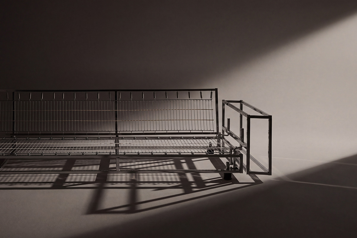 A cinematic shot of the metal frame of a sofa, engineered from galvanised steel for durable long term use.