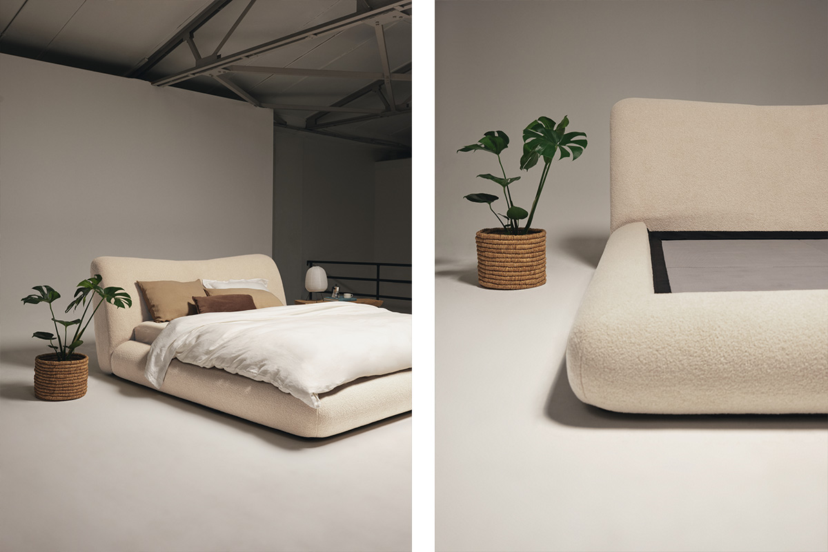 70s inspired bedhead with soft curves and neutral bouclé removable covers.