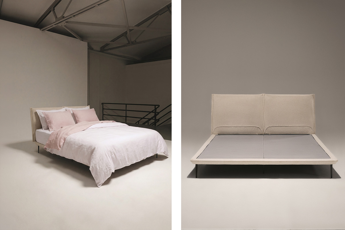 Modern minimalist bedframe with a twin bedhead, styled with removable fabric covers for easy machine washing.