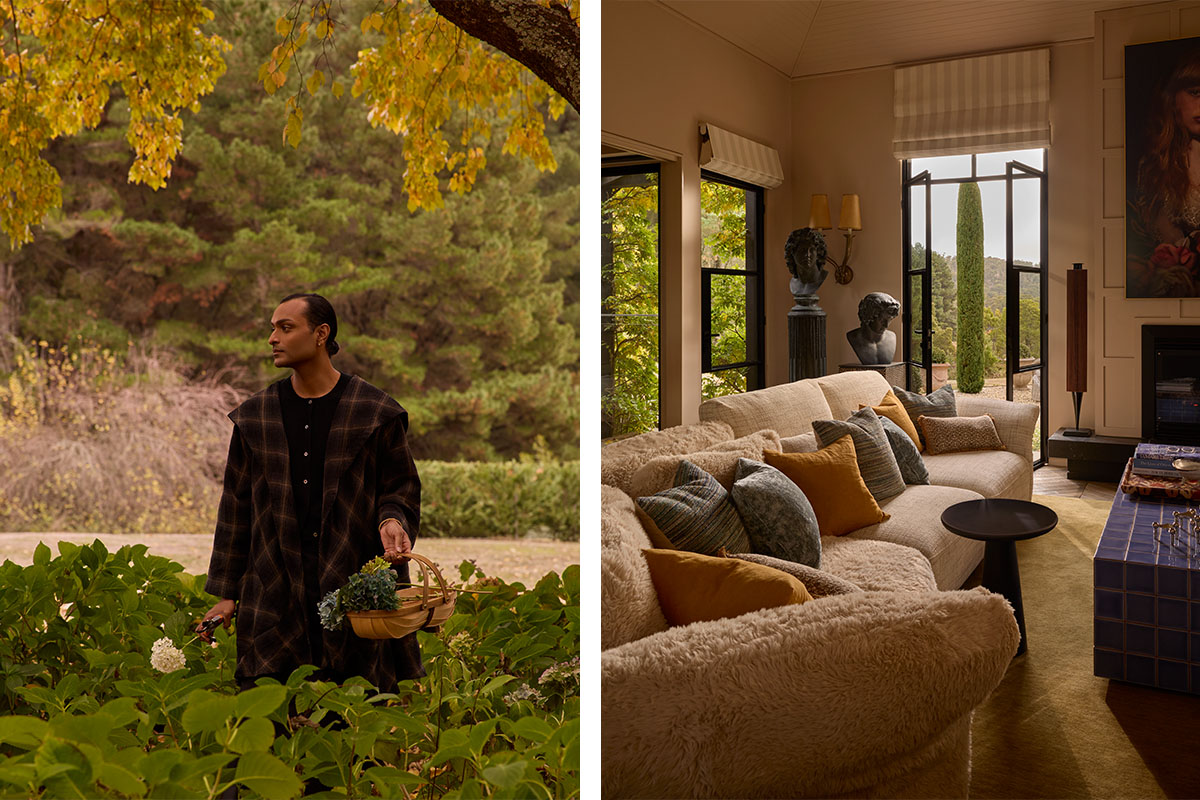 Brahman in autumnal outdoors with wicker basket. His curved sofa, styled with layered cushions, tall windows framing greenery.