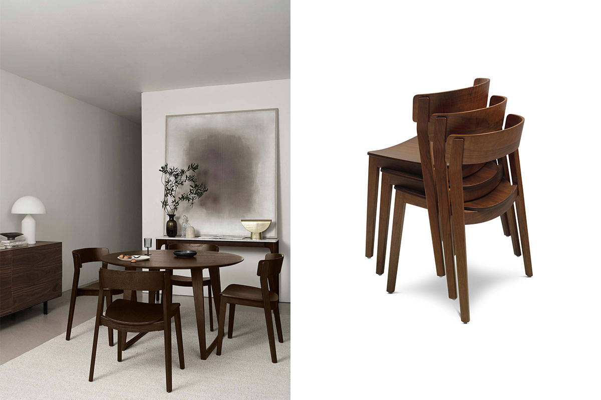 Stackable dining chairs pictured in an American Walnut timber finish, styled in a contemporary small dining room.