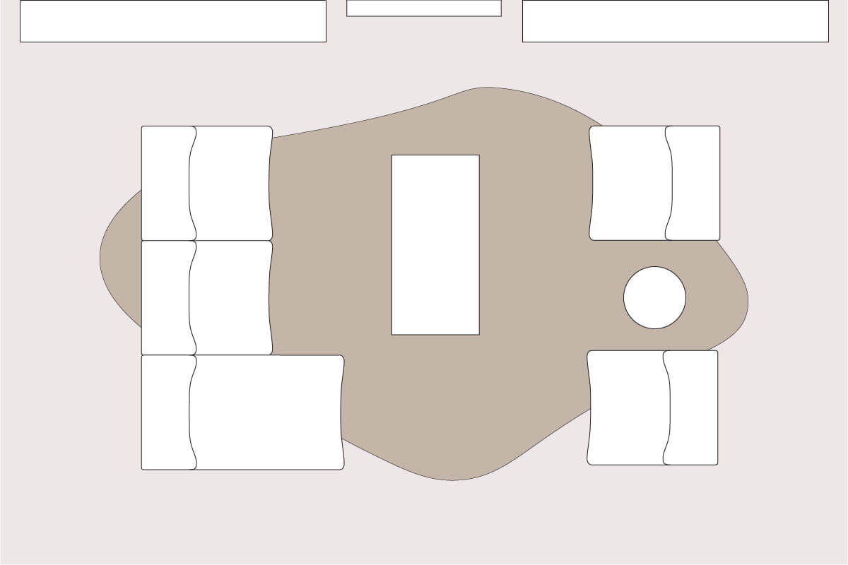 A living room layout line drawing with an L-shaped sofa positioned opposite two complementary occasional lounge chairs, creating a living space zone and adding symmetry to the space.