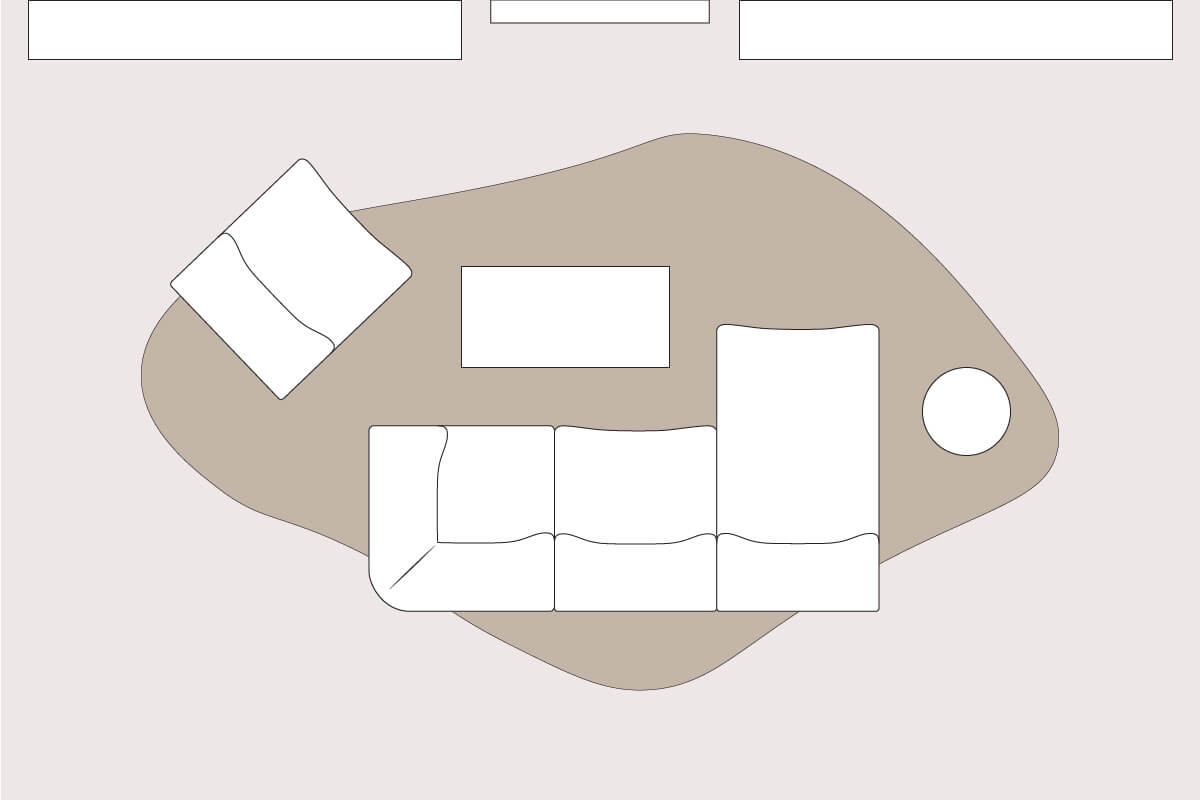 A living space layout line drawing with an L-shaped sofa positioned in the centre of the room, positioned opposite a focal point, being the TV console between a bookcase and sideboard.
