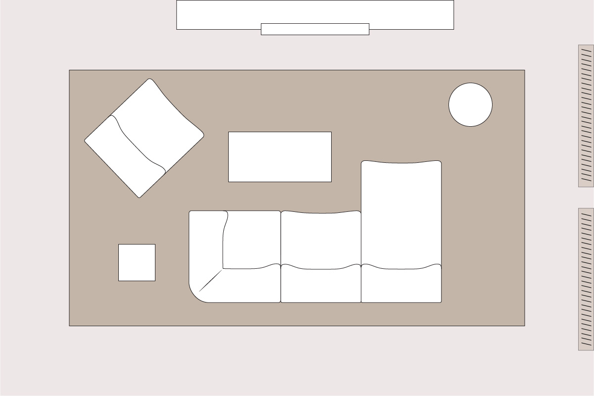 Top-down view of a small apartment living room layout with an L-shaped sofa facing the television, armchair angled for screen visibility, and a rectangular rug anchoring the space.