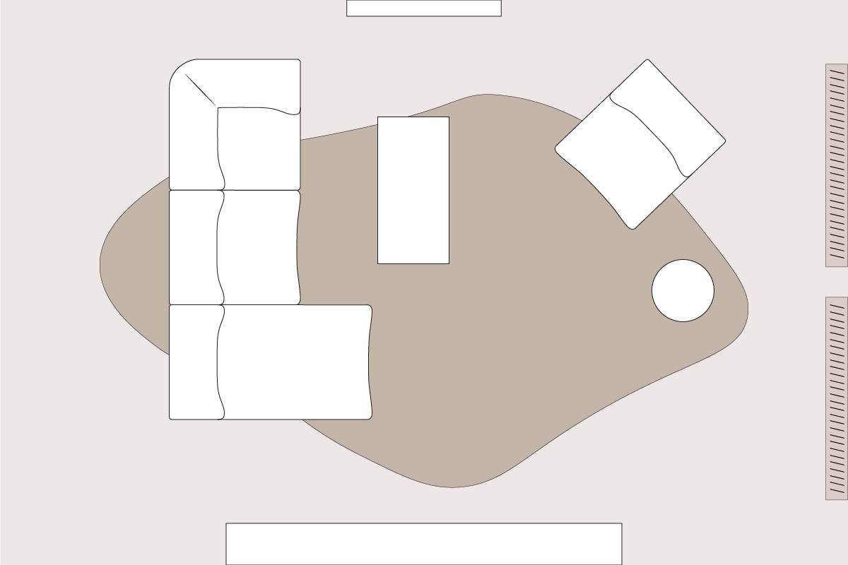 Bright loft-style layout featuring an open corner sofa arrangement, organic rug shape and angled armchair to promote natural light flow across the room.