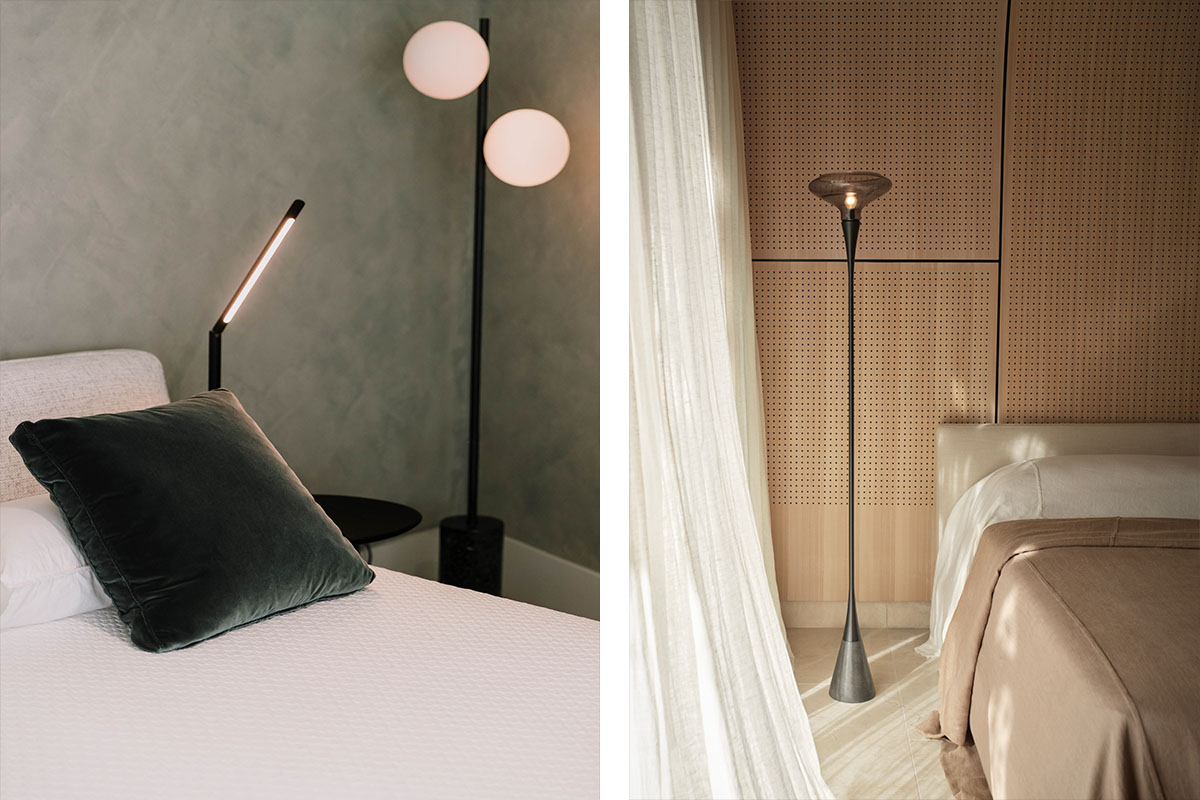 King Living contemporary lighting featuring three black slender designs: smart accessory lamps and floor lamps.