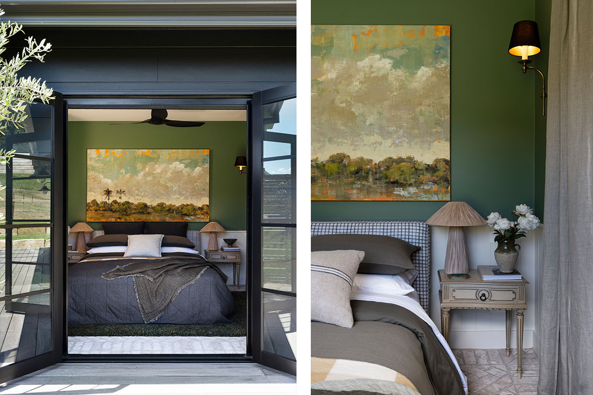 An outdoor modern farmhouse guest bedroom styled with green walls and large natural artwork.