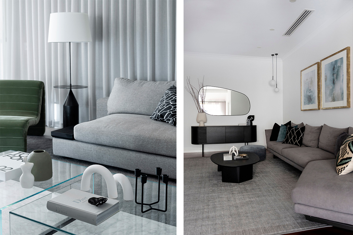 Two contemporary living rooms featuring a grey modular sofa, marble coffee minimalist decor, complemented by a sleek sideboard and modern artwork.