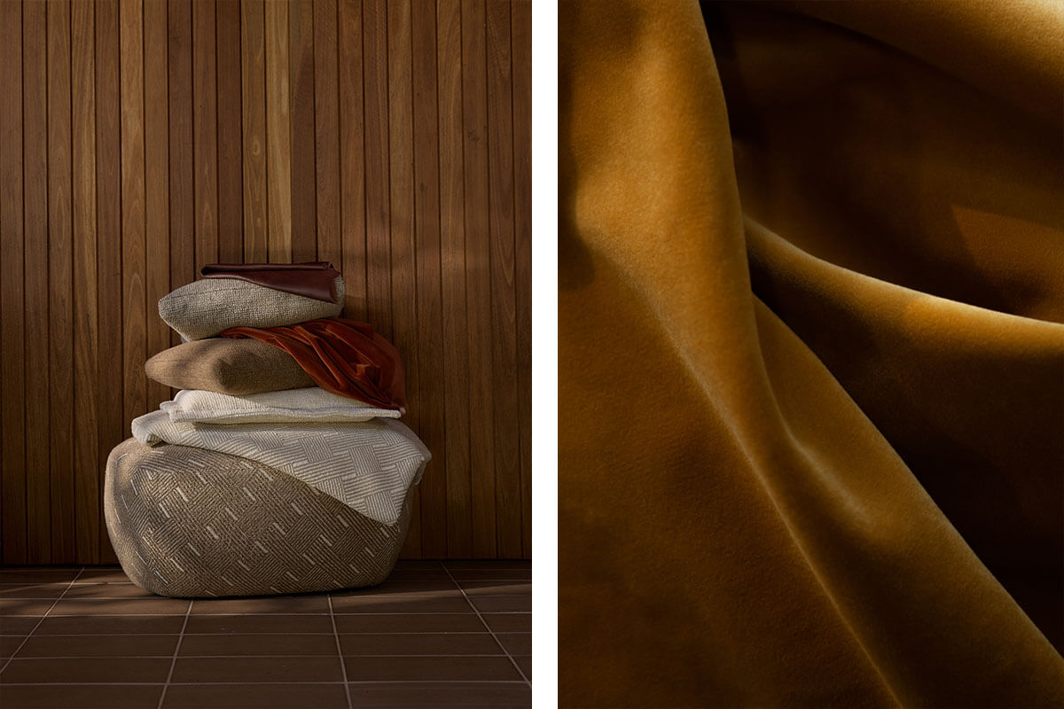 Left: neutral woven ottoman with layered cushions and fabric samples. Right: golden velvet fabric in soft folds.