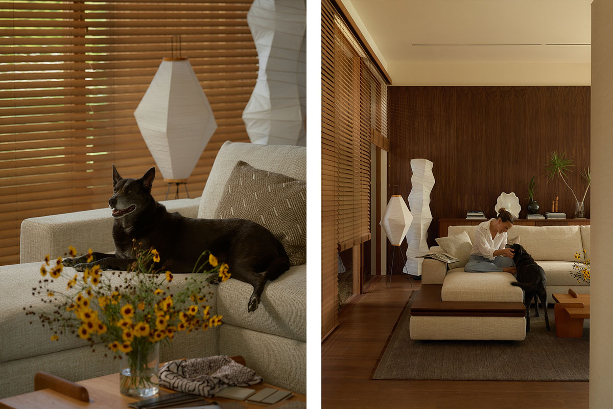 Family shots of mother, daughter and dog enjoying the calm and serenity of warm country home with comfortable modular sofa.