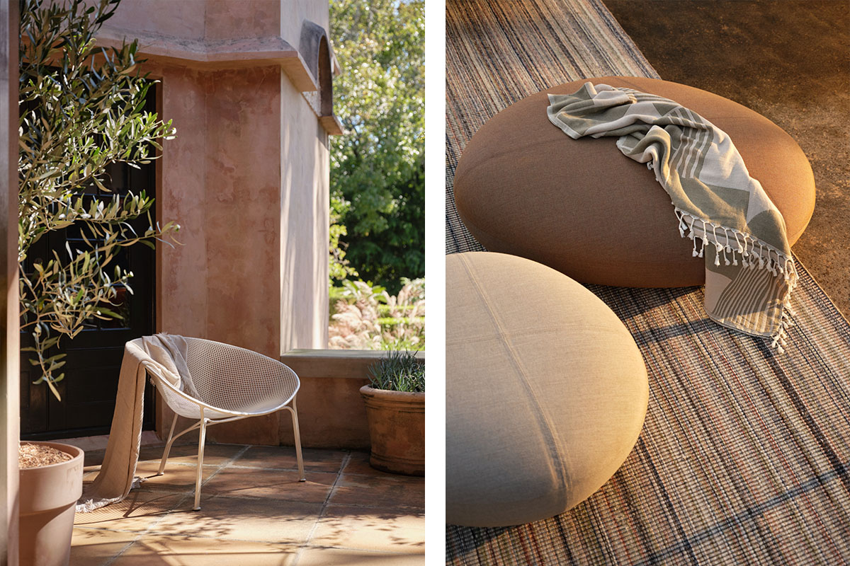 A compact balcony setting with an occasional chair and outdoor ottomans, showcasing how a small space can be styled outdoors.