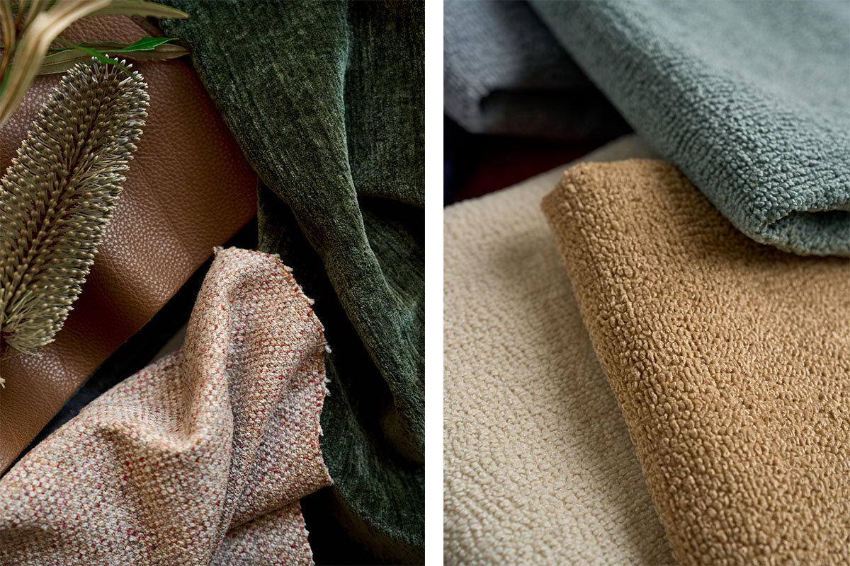 Three flat lays showing fabric and leather swatches in forest greens, warm sandy neutrals and tans, with gold, metal, and botanical accents.