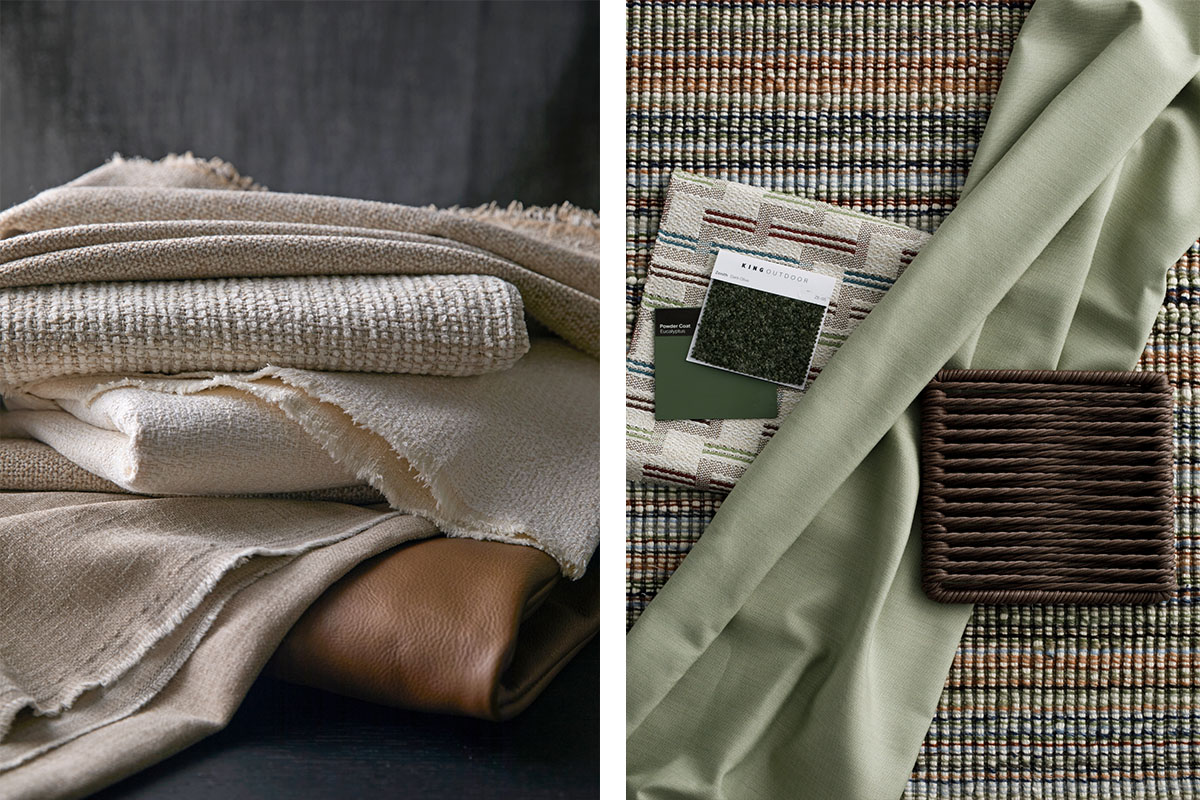 Three flat lays showing fabric and leather swatches in blush, rust, neutrals, tans, and sage green tones with layered woven textures.
